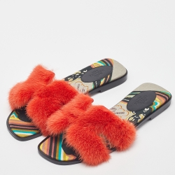 Pre Owned Hermes Orange Mink Fur Oran Flat Slides Size 37.5