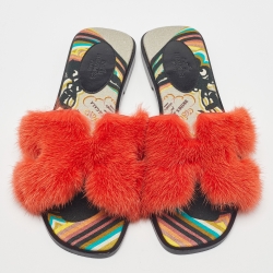 Pre Owned Hermes Orange Mink Fur Oran Flat Slides Size 37.5