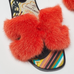 Pre Owned Hermes Orange Mink Fur Oran Flat Slides Size 37.5