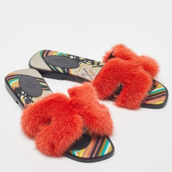 Pre Owned Hermes Orange Mink Fur Oran Flat Slides Size 37.5