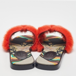 Pre Owned Hermes Orange Mink Fur Oran Flat Slides Size 37.5