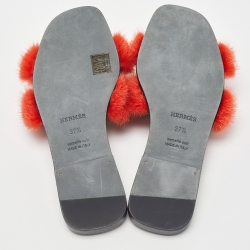 Pre Owned Hermes Orange Mink Fur Oran Flat Slides Size 37.5