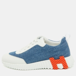 Pre Owned Hermes Blue/White Denim and Leather Bouncing Sneakers Size 37.5