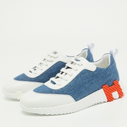 Pre Owned Hermes Blue/White Denim and Leather Bouncing Sneakers Size 37.5