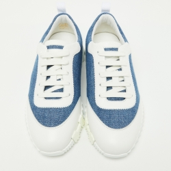 Pre Owned Hermes Blue/White Denim and Leather Bouncing Sneakers Size 37.5