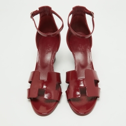 Hermes Burgundy Patent Leather Legend Wedge Sandals Size 40.5