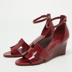 Hermes Burgundy Patent Leather Legend Wedge Sandals Size 40.5