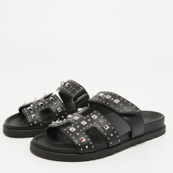 Pre Owned Hermes Black Leather Studded Chypre Flat Slides Size 37