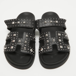 Pre Owned Hermes Black Leather Studded Chypre Flat Slides Size 37