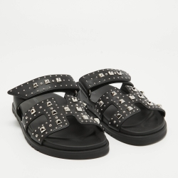 Pre Owned Hermes Black Leather Studded Chypre Flat Slides Size 37