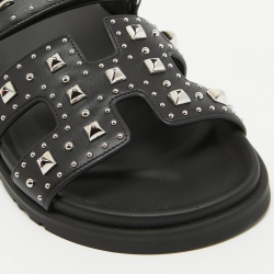 Pre Owned Hermes Black Leather Studded Chypre Flat Slides Size 37