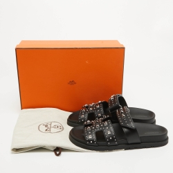 Pre Owned Hermes Black Leather Studded Chypre Flat Slides Size 37