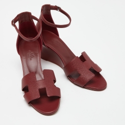 Pre Owned Hermes Burgundy Leather Legend Wadge Sandals Size 38