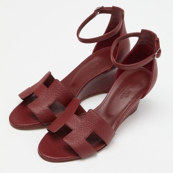 Pre Owned Hermes Burgundy Leather Legend Wadge Sandals Size 38