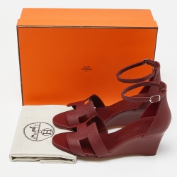 Pre Owned Hermes Burgundy Leather Legend Wadge Sandals Size 38