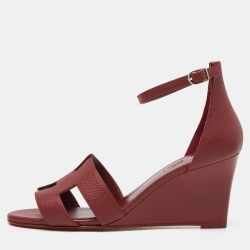 Pre Owned Hermes Burgundy Leather Legend Wadge Sandals Size 38