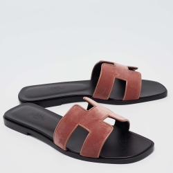 Hermès Pink Velvet Oran Flat Slides Size 38 