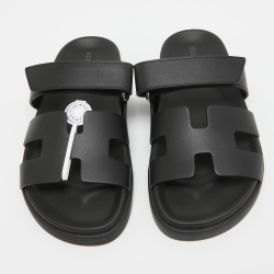 Hermes Black Leather Chypre Sandals 36