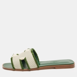 Hermès Beige/Green Canvas Fringes Oran Flat Slides Size 37.5