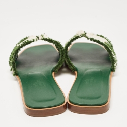 Hermès Beige/Green Canvas Fringes Oran Flat Slides Size 37.5