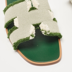 Hermès Beige/Green Canvas Fringes Oran Flat Slides Size 37.5