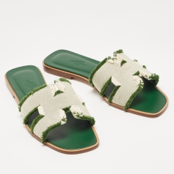 Hermès Beige/Green Canvas Fringes Oran Flat Slides Size 37.5
