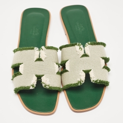 Hermès Beige/Green Canvas Fringes Oran Flat Slides Size 37.5