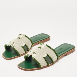 Hermès Beige/Green Canvas Fringes Oran Flat Slides Size 37.5