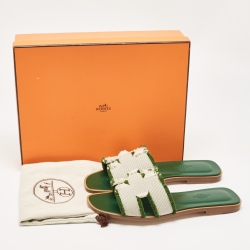 Hermès Beige/Green Canvas Fringes Oran Flat Slides Size 37.5