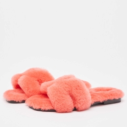 Pre Owned Hermes Pink Shearling Fur Flat Slides Size 37
