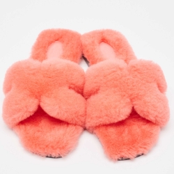 Pre Owned Hermes Pink Shearling Fur Flat Slides Size 37