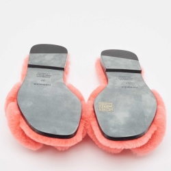 Pre Owned Hermes Pink Shearling Fur Flat Slides Size 37