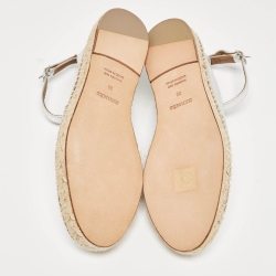 Pre Owned Hermes Silver Leather Malaga Ankle Strap Espadrilles Size 38