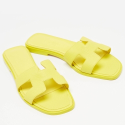 Hermes Yellow Leather Oran Flat Slides Size 37.5