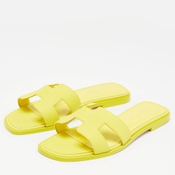 Hermes Yellow Leather Oran Flat Slides Size 37.5