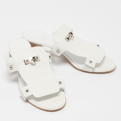 Pre Owned Hermès White Leather Invincible Slide Sandals Size 39