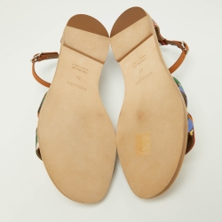 Pre Owned Hermes Multicolor Silk and Leather Santorini Ankle Strap Sandals Size 37