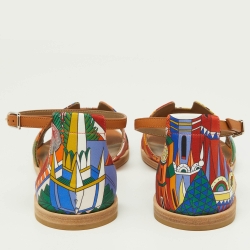 Pre Owned Hermes Multicolor Silk and Leather Santorini Ankle Strap Sandals Size 37