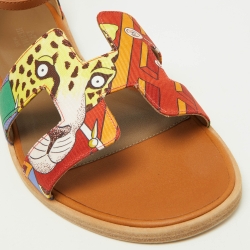 Pre Owned Hermes Multicolor Silk and Leather Santorini Ankle Strap Sandals Size 37