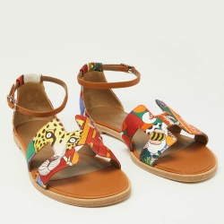 Pre Owned Hermes Multicolor Silk and Leather Santorini Ankle Strap Sandals Size 37