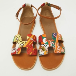 Pre Owned Hermes Multicolor Silk and Leather Santorini Ankle Strap Sandals Size 37