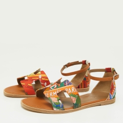 Pre Owned Hermes Multicolor Silk and Leather Santorini Ankle Strap Sandals Size 37