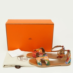 Pre Owned Hermes Multicolor Silk and Leather Santorini Ankle Strap Sandals Size 37