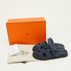 Pre Owned Hermes Blue Suede Chypre Velcro Strap Flat Sandals Size 37.5