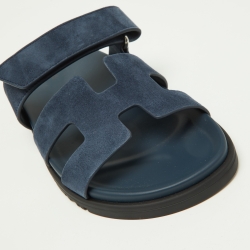 Pre Owned Hermes Blue Suede Chypre Velcro Strap Flat Sandals Size 37.5