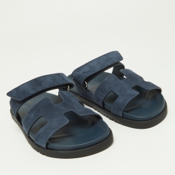 Pre Owned Hermes Blue Suede Chypre Velcro Strap Flat Sandals Size 37.5