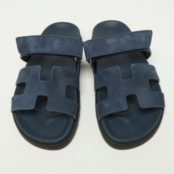 Pre Owned Hermes Blue Suede Chypre Velcro Strap Flat Sandals Size 37.5