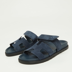 Pre Owned Hermes Blue Suede Chypre Velcro Strap Flat Sandals Size 37.5