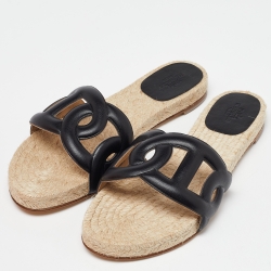 مملوكة مسبقًا Hermes Black Leather Famosa Espradrille Flats Size 38