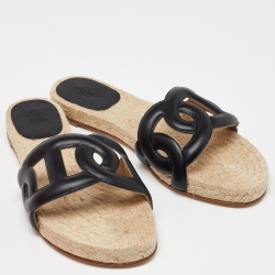 مملوكة مسبقًا Hermes Black Leather Famosa Espradrille Flats Size 38